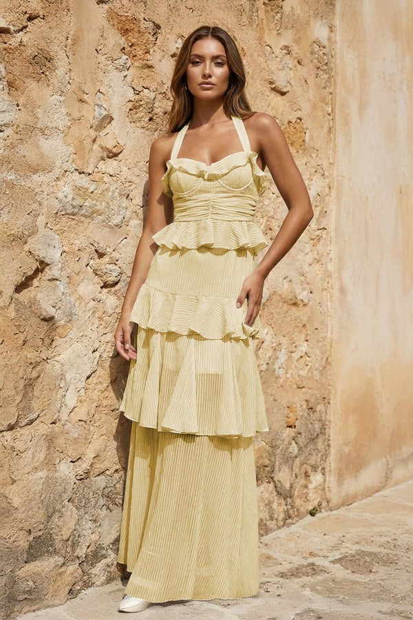 Sky Blue Halter Sheath Pleated Chiffon Long Prom Dresses With Ruffles - KissProm