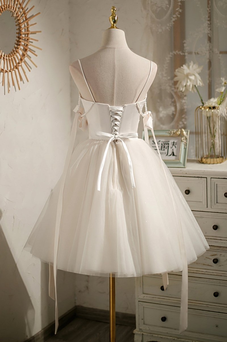 Estrella | Champagne Spaghetti Straps V-Neck Tulle Short Homecoming Dress with Bow