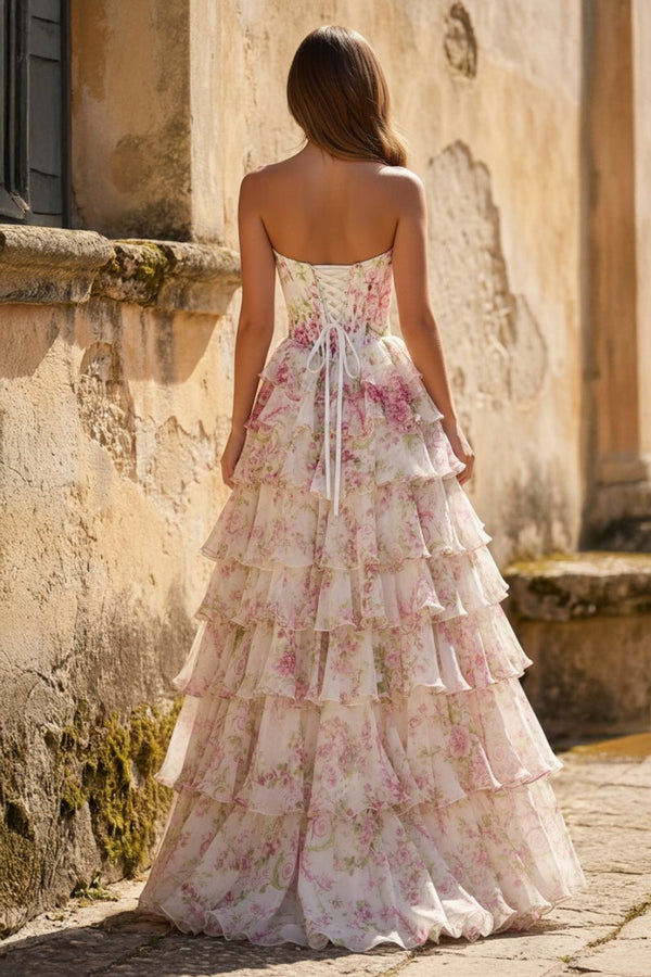 A Line Floral Blush Tiered Chiffon Long Corset Prom Dress with Slit - KissProm