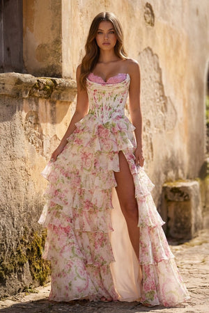 A Line Floral Blush Tiered Chiffon Long Corset Prom Dress with Slit - KissProm