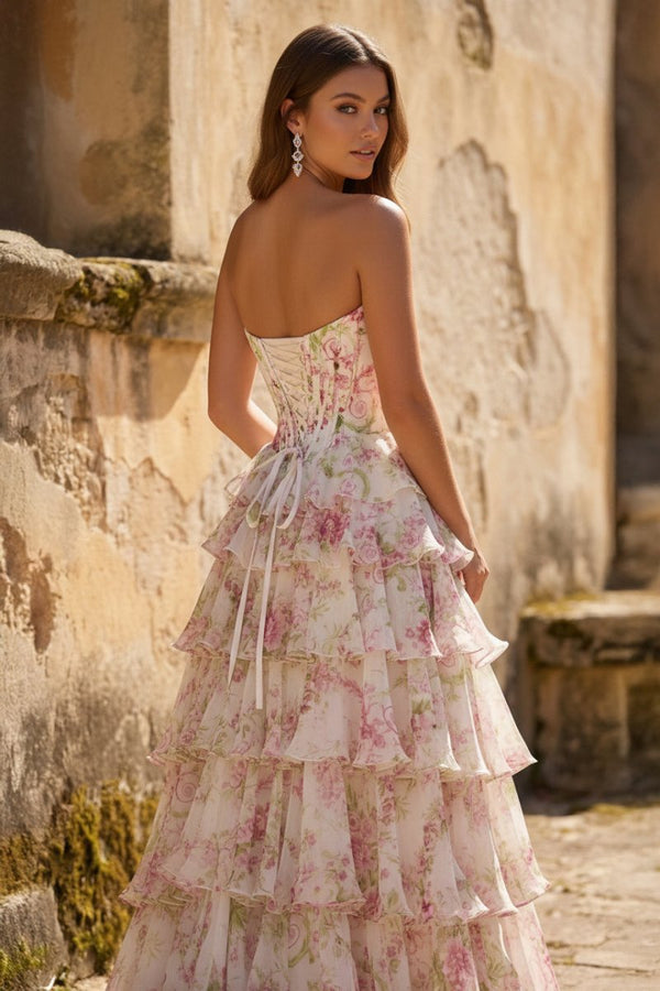 A Line Floral Blush Tiered Chiffon Long Corset Prom Dress with Slit - KissProm