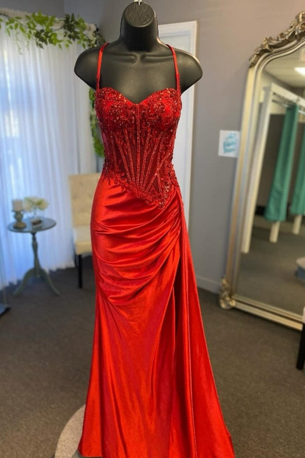 Silver Spaghetti Straps Mermaid Appliqued Prom Dress With Split, Red / 8
