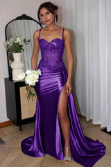 Purple Spaghetti Straps Mermaid Appliqued Prom Dress With Split – Prom Dress by KissProm | Available at KissProm