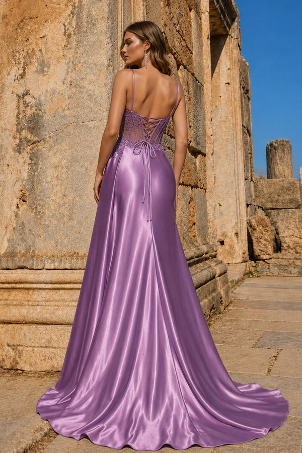 Lilac Spaghetti Straps Mermaid Appliqued Prom Dress With Split – Prom Dress by KissProm | Available at KissProm