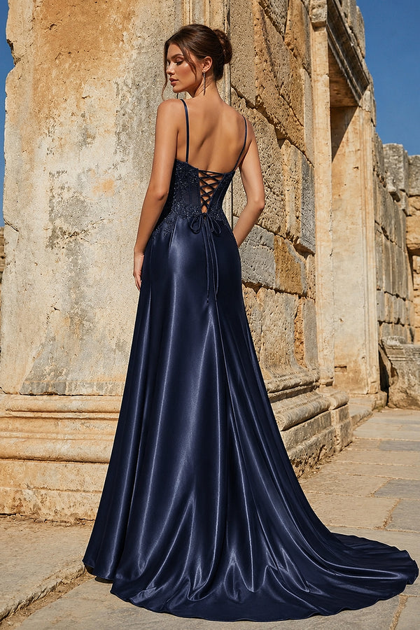 Navy Blue Spaghetti Straps Mermaid Appliqued Prom Dress With Split – Prom Dress by KissProm | Available at KissProm