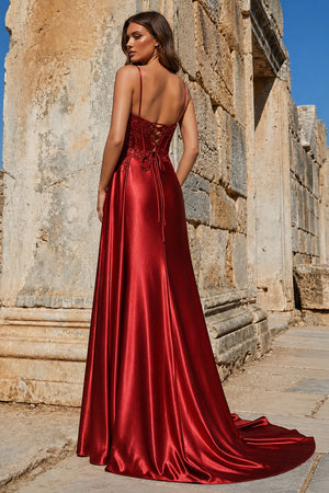 Burgundy Spaghetti Straps Mermaid Appliqued Prom Dress With Split – Prom Dress by KissProm | Available at KissProm