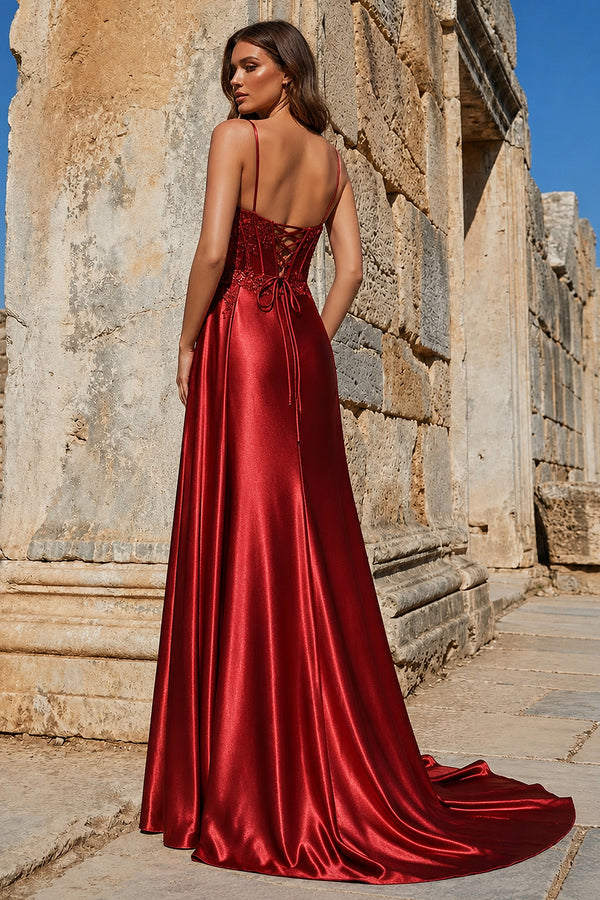 Burgundy Spaghetti Straps Mermaid Appliqued Prom Dress With Split – Prom Dress by KissProm | Available at KissProm