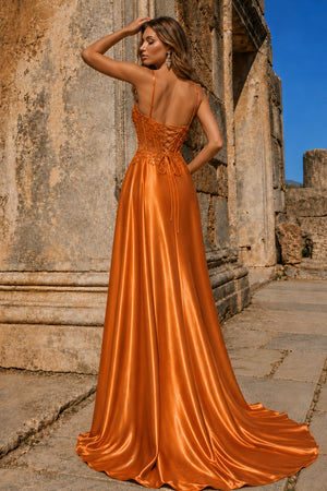 Orange Spaghetti Straps Mermaid Appliqued Prom Dress With Split – Prom Dress by KissProm | Available at KissProm