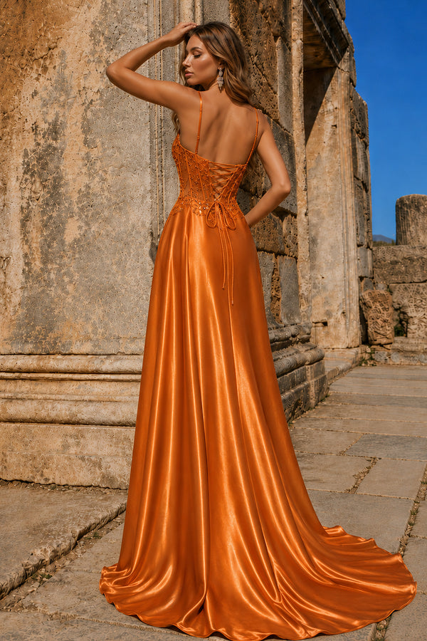 Orange Spaghetti Straps Mermaid Appliqued Prom Dress With Split – Prom Dress by KissProm | Available at KissProm