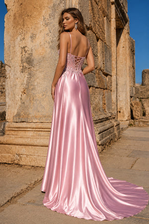 Pink Spaghetti Straps Mermaid Appliqued Prom Dress With Split – Prom Dress by KissProm | Available at KissProm