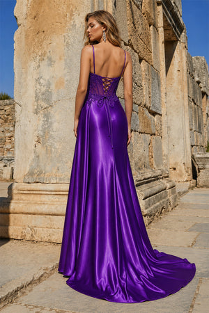 Purple Spaghetti Straps Mermaid Appliqued Prom Dress With Split – Prom Dress by KissProm | Available at KissProm