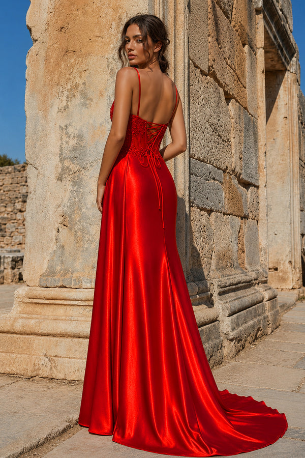 Red Spaghetti Straps Mermaid Appliqued Prom Dress With Split – Prom Dress by KissProm | Available at KissProm