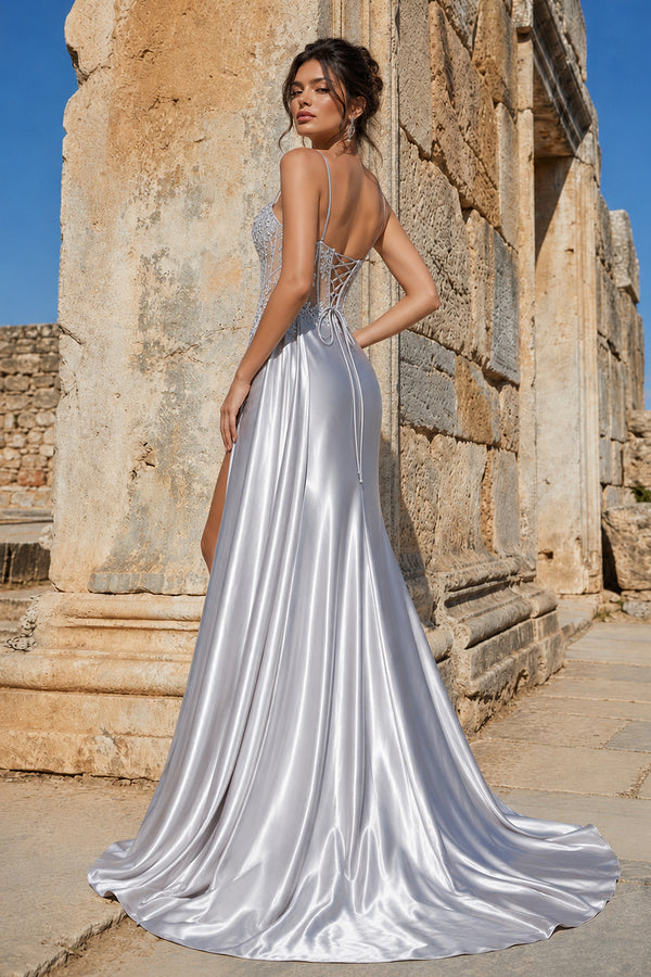 Silver Spaghetti Straps Mermaid Appliqued Prom Dress With Split – Prom Dress by KissProm | Available at KissProm