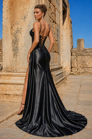Black Spaghetti Straps Mermaid Appliqued Prom Dress With Split – Prom Dress by KissProm | Available at KissProm