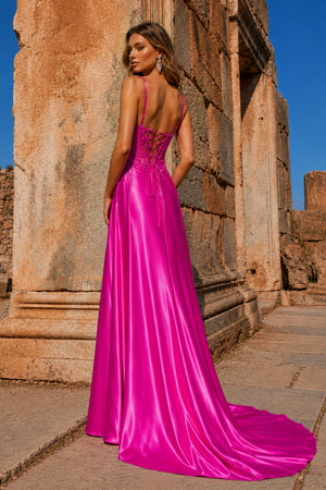 Fuchsia Spaghetti Straps Mermaid Appliqued Prom Dress With Split – Prom Dress by KissProm | Available at KissProm