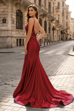 KissProm-Spaghetti Straps Burgundy Appliques Mermaid Prom Dress