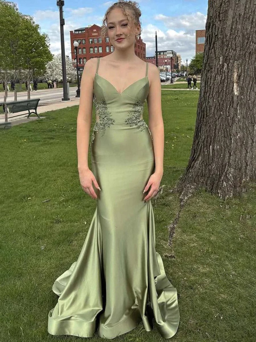 KissProm-Paislee Spaghetti Straps Sage Appliques Mermaid Prom Dress