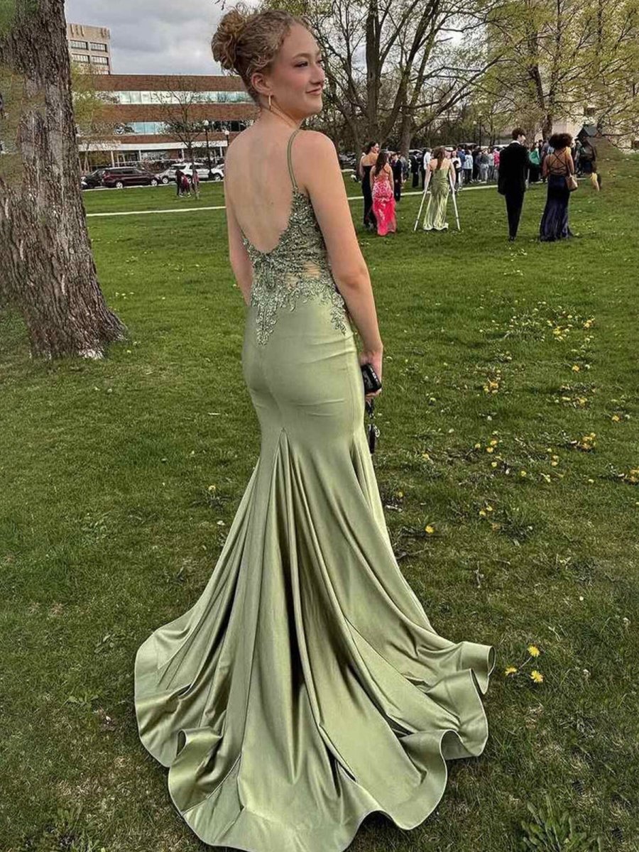 KissProm-Paislee Spaghetti Straps Sage Appliques Mermaid Prom Dress
