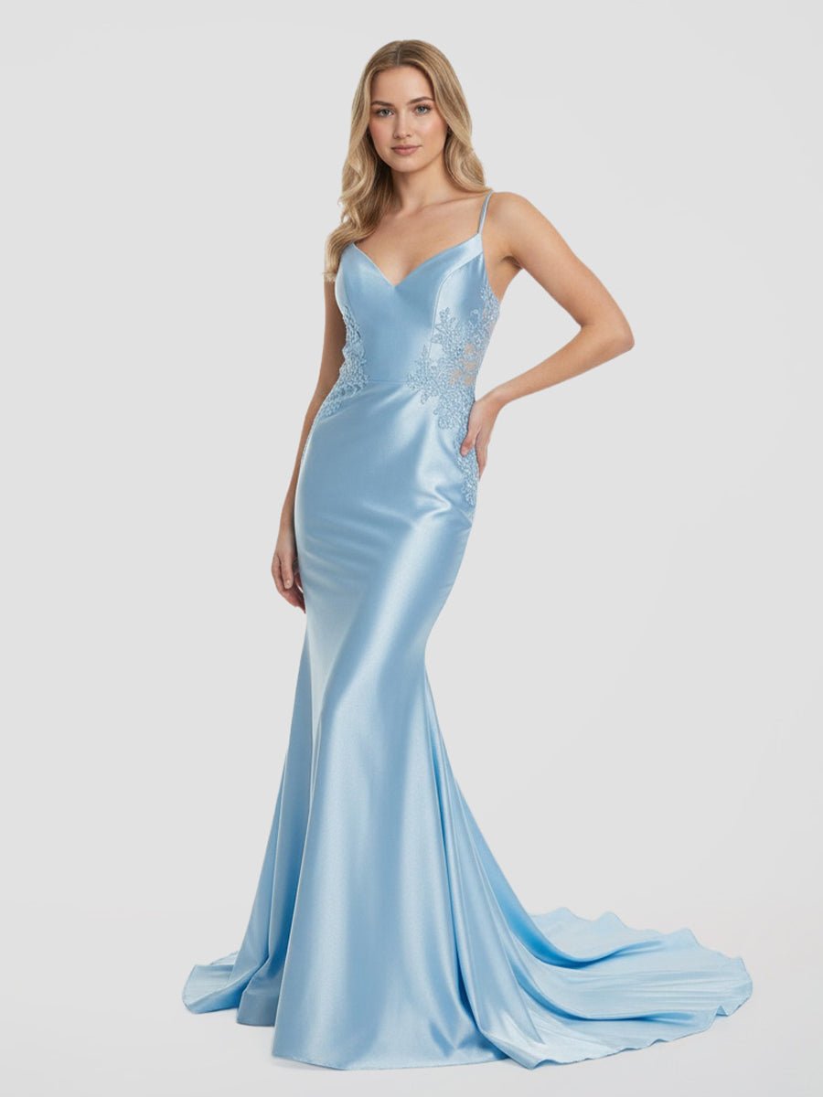 KissProm-Paislee Spaghetti Straps Light Blue Appliques Mermaid Prom Dress