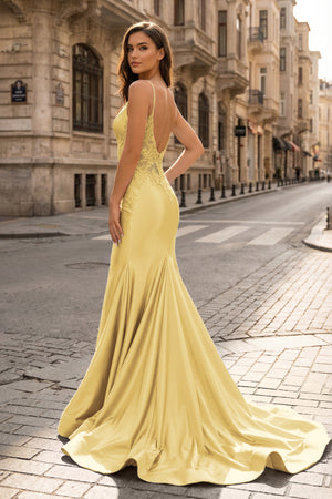 KissProm-Spaghetti Straps Yellow Appliques Mermaid Prom Dress