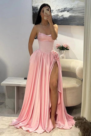 Fioren | Pink - Strapless Satin Beaded A Line Prom Dresses With Slit - KissProm