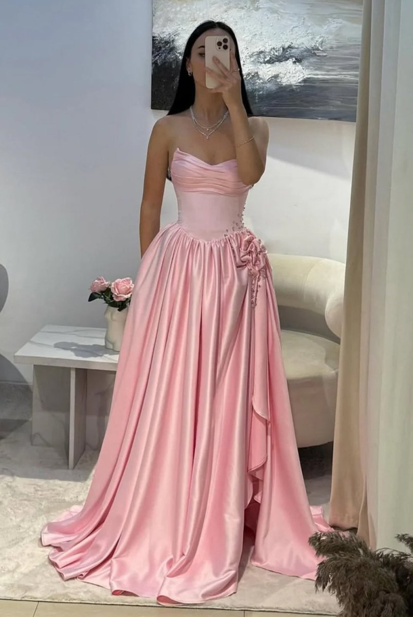 Fioren | Pink - Strapless Satin Beaded A Line Prom Dresses With Slit - KissProm