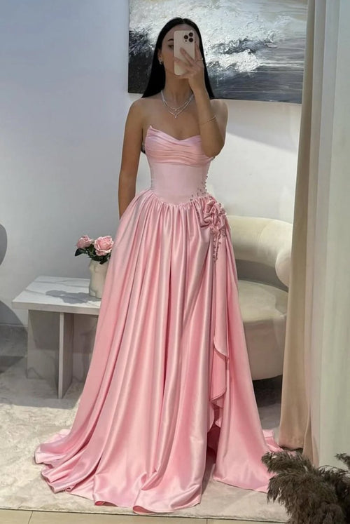 Fioren | Pink - Strapless Satin Beaded A Line Prom Dresses With Slit - KissProm