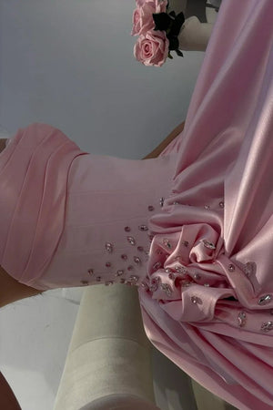 Pink Strapless Satin Beaded A Line Prom Dresses With Slit – Prom Dresses by KissProm | Available at KissProm