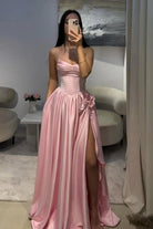 Fioren | Pink - Strapless Satin Beaded A Line Prom Dresses With Slit - KissProm