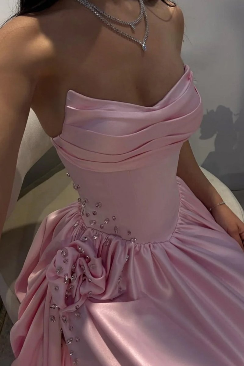 Fioren | Pink - Strapless Satin Beaded A Line Prom Dresses With Slit - KissProm