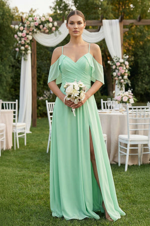 Chiffon A-Line Long Bridesmaid Dress in Pale Pistachio - KissProm BRIDESMAID DRESSES