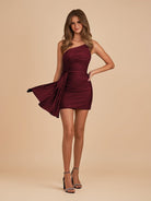 Pali | Burgundy - Sheath One Shoulder Pleated Satin Homecoming Dress with Drape