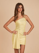 Pali | Yellow - Sheath One Shoulder Pleated Satin Homecoming Dress with Drape