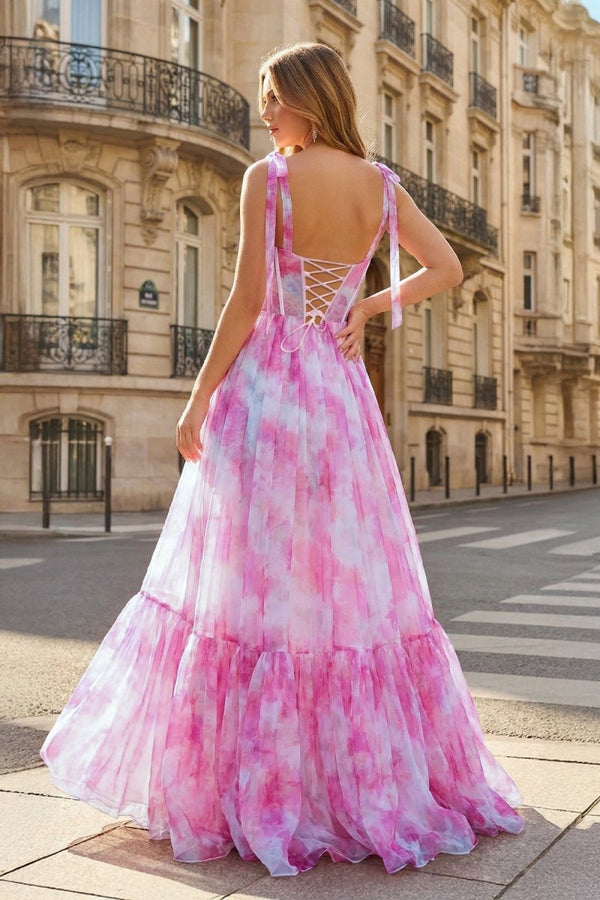 Pink Floral Print Corset A - Line Long Prom Dress with Bow Tie Straps - KissProm