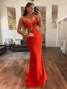 Palmyra | Mermaid V Neck Blue Satin Cut - out Waist Prom Dresses - KissProm