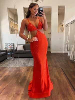 Palmyra | Mermaid V Neck Blue Satin Cut - out Waist Prom Dresses - KissProm