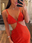 Palmyra | Mermaid V Neck Blue Satin Cut - out Waist Prom Dresses - KissProm