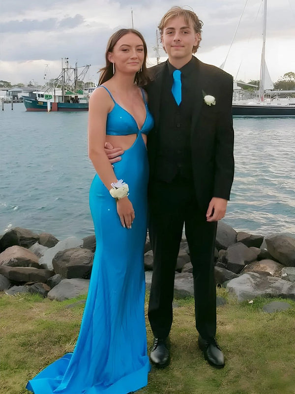 Palmyra | Mermaid V Neck Blue Satin Cut-out Waist Prom Dresses
