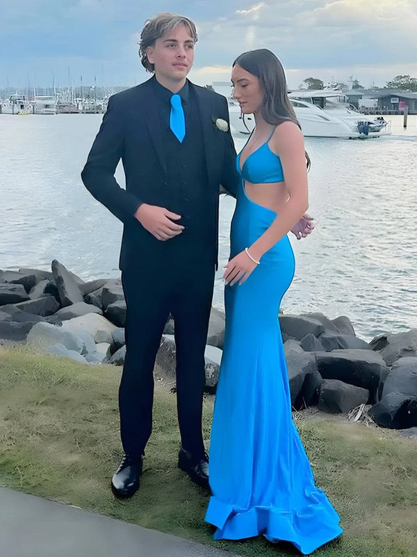 Palmyra | Mermaid V Neck Blue Satin Cut-out Waist Prom Dresses