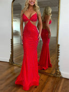 Palmyra | Mermaid V Neck Blue Satin Cut - out Waist Prom Dresses - KissProm