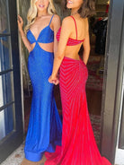 Palmyra | Mermaid V Neck Blue Satin Cut - out Waist Prom Dresses - KissProm