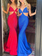 Palmyra | Mermaid V Neck Blue Satin Cut - out Waist Prom Dresses - KissProm