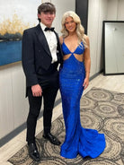 Palmyra | Mermaid V Neck Blue Satin Cut - out Waist Prom Dresses - KissProm