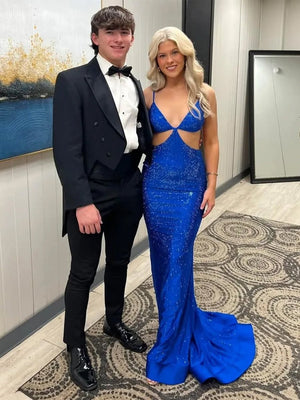 Palmyra | Mermaid V Neck Blue Satin Cut - out Waist Prom Dresses - KissProm