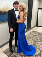 Palmyra | Mermaid V Neck Blue Satin Cut - out Waist Prom Dresses - KissProm