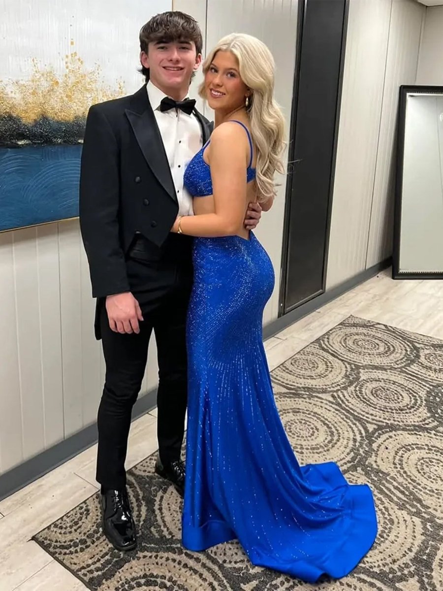 Palmyra | Mermaid V Neck Blue Satin Cut - out Waist Prom Dresses - KissProm