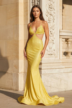 Mermaid V Neck Blue Satin Cut - out Waist Prom Dresses - KissProm