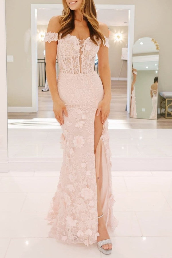 Paradis | Off The Shoulder Floral Lace Long Prom Dress With Split