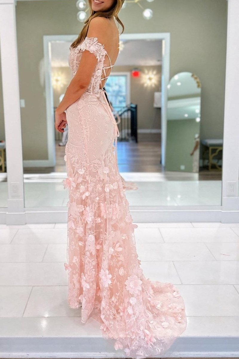 Off The Shoulder Floral Lace Long Prom Dress With Split