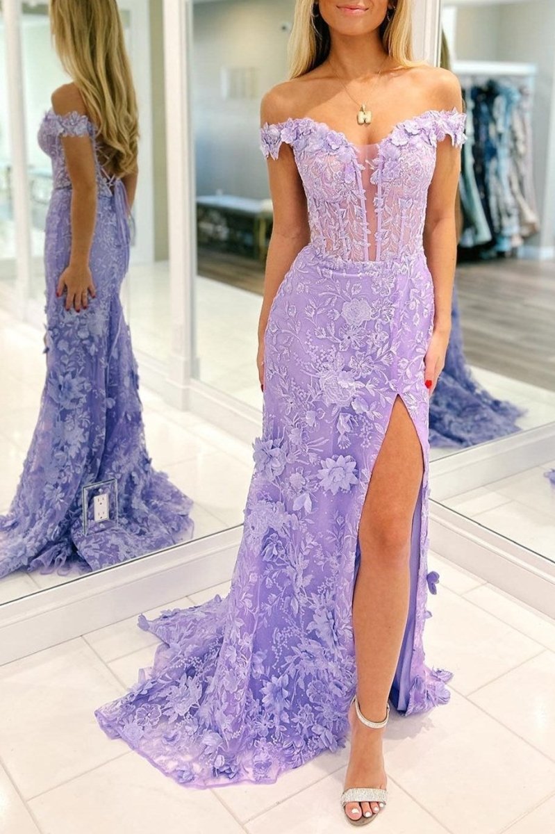 Paradis | Off The Shoulder Floral Lace Long Prom Dress With Split